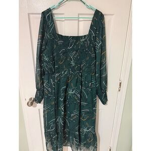 Nine West Womens Plus 2X Smocked Midi Dress Green Abstract Shimmer Long Sleeve
